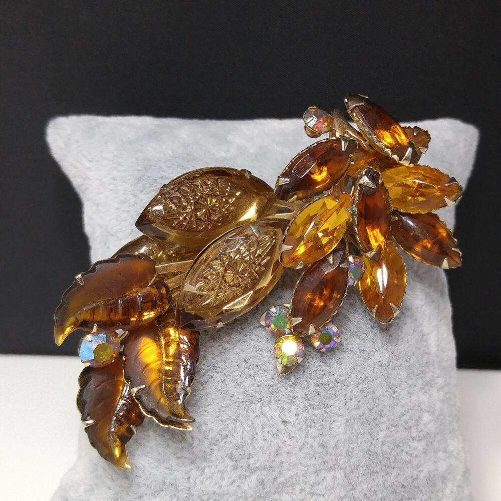 Vintage 1950s Art Glass Leaf Brooch, AB Rhinestones